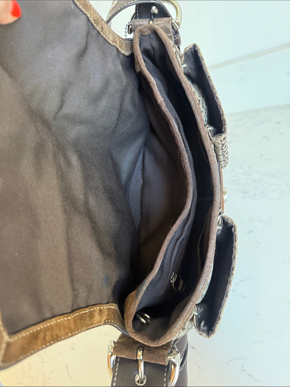 Vintage Coach Monogram Canvas With Brown Suede Soho Flap Signature Shoulder Bag - Picture 13 of 15